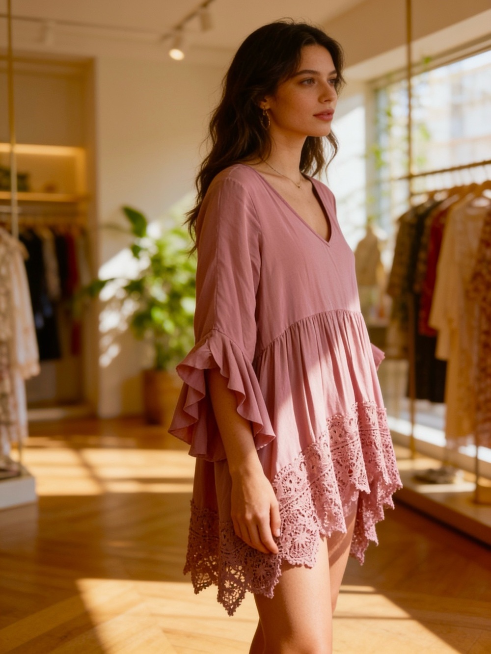 Cupio Rose,Boho,V-Neck,crochet lace hem,Tunic Top,bell sleeves,cottage core,EUC